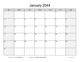 Monthly 2044 Calendar with Weekend Shaded