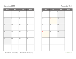 November 2044 Calendar on two pages