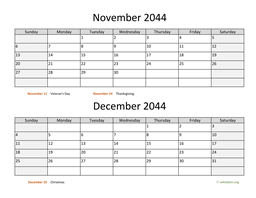 November and December 2044 Calendar