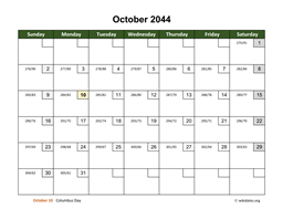 October 2044 Calendar with Day Numbers