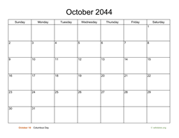Basic Calendar for October 2044