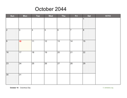 October 2044 Calendar with Notes