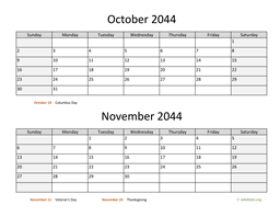 October and November 2044 Calendar
