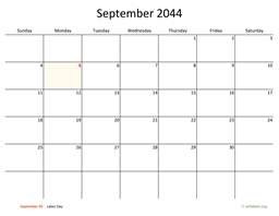 September 2044 Calendar with Bigger boxes