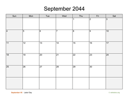 September 2044 Calendar with Weekend Shaded