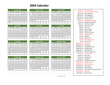 2044 Calendar with US Holidays