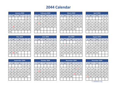 2044 Calendar in PDF