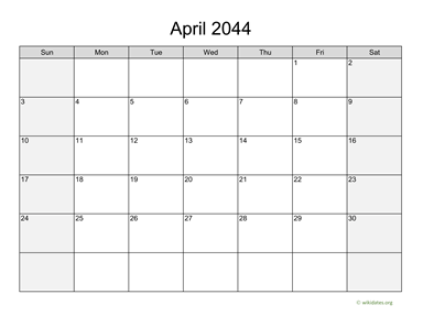 April 2044 Calendar with Weekend Shaded