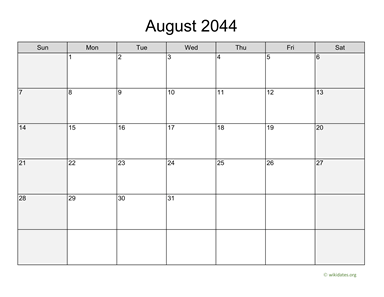 August 2044 Calendar with Weekend Shaded