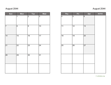 August 2044 Calendar on two pages