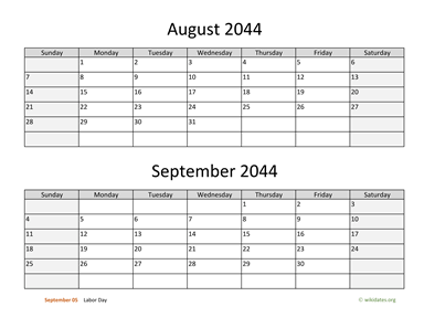 August and September 2044 Calendar Horizontal