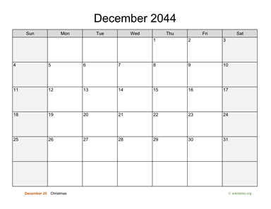 December 2044 Calendar with Weekend Shaded