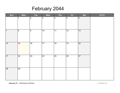 February 2044 Calendar with Notes | WikiDates.org