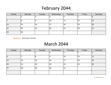 February and March 2044 Calendar Horizontal