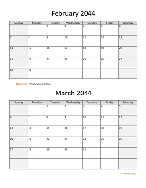 February and March 2044 Calendar Vertical