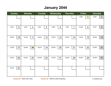 January 2044 Calendar with Day Numbers