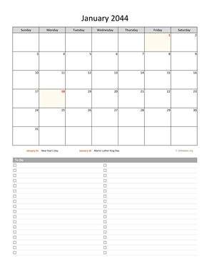 January 2044 Calendar with To-Do List