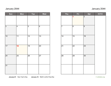 January 2044 Calendar on two pages