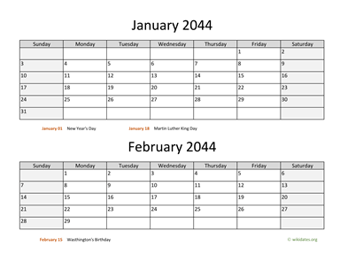 January and February 2044 Calendar Horizontal