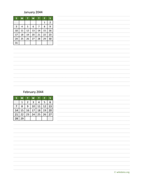 January and February 2044 Calendar with Notes