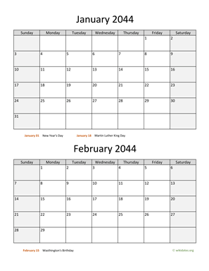 January and February 2044 Calendar Vertical