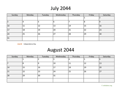 July and August 2044 Calendar Horizontal