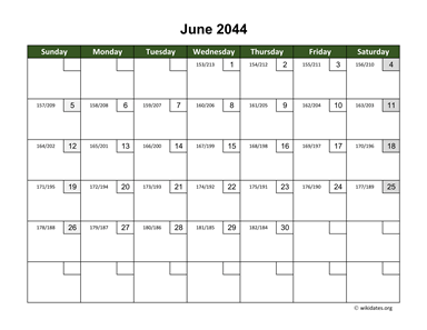 June 2044 Calendar with Day Numbers