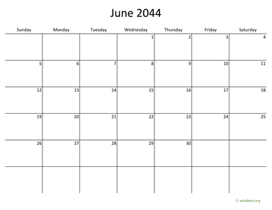 June 2044 Calendar with Bigger boxes
