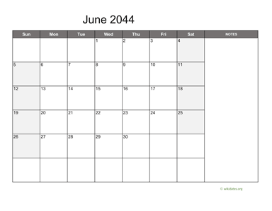June 2044 Calendar with Notes