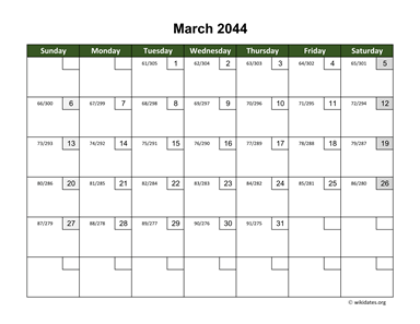 March 2044 Calendar with Day Numbers