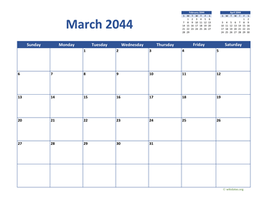 March 2044 Calendar Classic