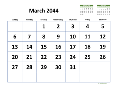 March 2044 Calendar with Extra-large Dates