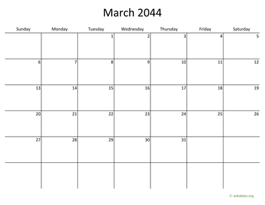 March 2044 Calendar with Bigger boxes | WikiDates.org