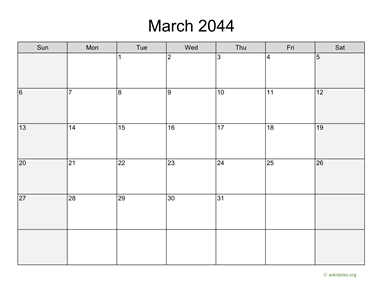 March 2044 Calendar with Weekend Shaded