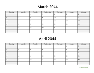 March and April 2044 Calendar Horizontal