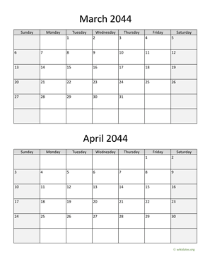 March and April 2044 Calendar Vertical