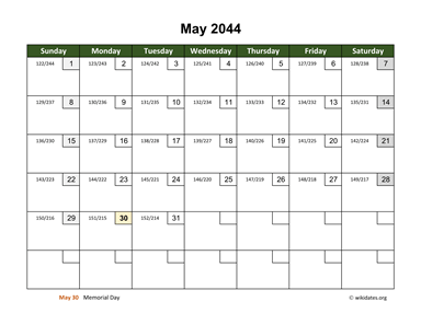 May 2044 Calendar with Day Numbers