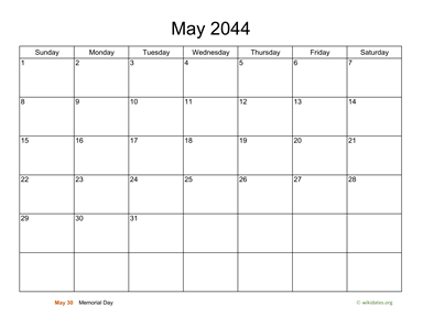 Basic Calendar for May 2044 | WikiDates.org
