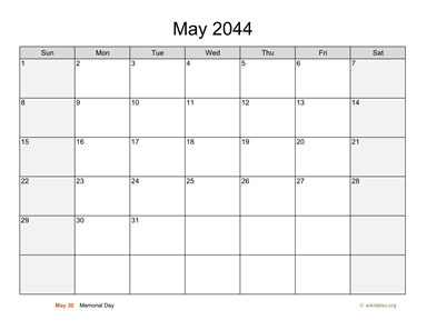 May 2044 Calendar with Weekend Shaded | WikiDates.org