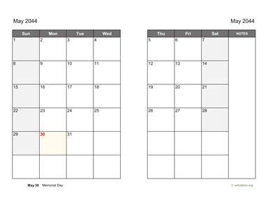May 2044 Calendar on two pages
