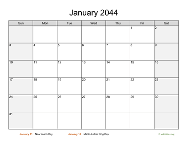 Monthly 2044 Calendar with Weekend Shaded