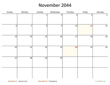 November 2044 Calendar with Bigger boxes