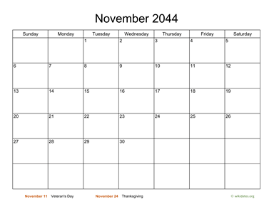 Basic Calendar for November 2044 | WikiDates.org