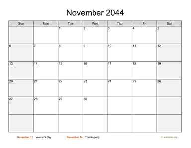 November 2044 Calendar with Weekend Shaded