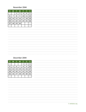 November and December 2044 Calendar with Notes