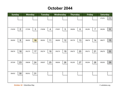 October 2044 Calendar with Day Numbers