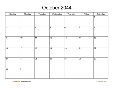 Basic Calendar for October 2044