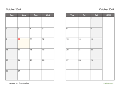 October 2044 Calendar on two pages