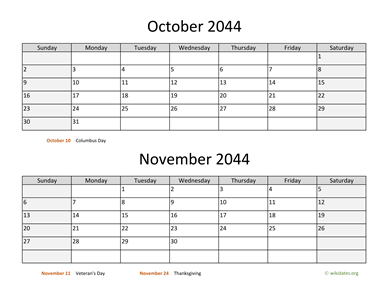October and November 2044 Calendar Horizontal