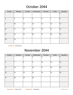 October and November 2044 Calendar Vertical